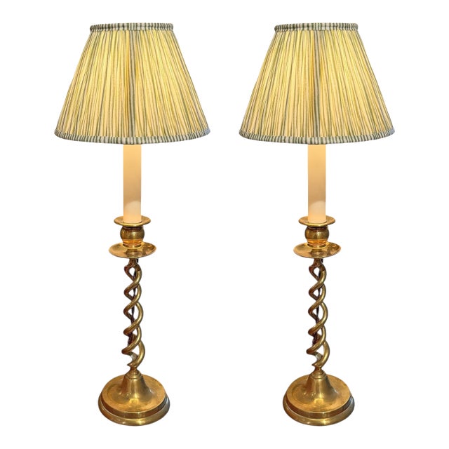 Pair of 18th Century English Brass Barley-Twist Candlestick Lamps For Sale
