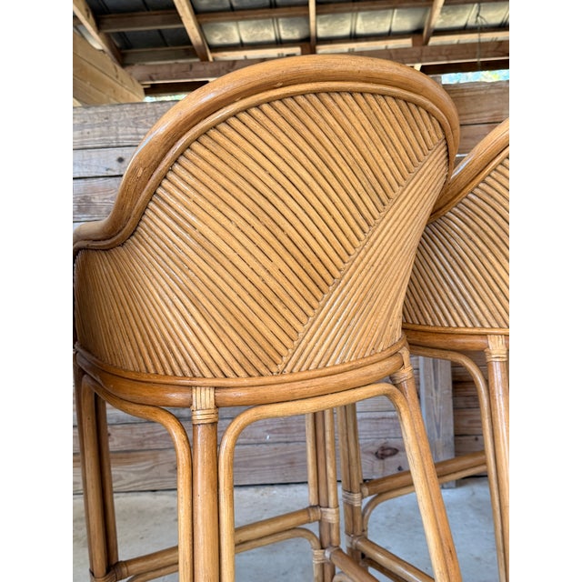 Set of Four Vintage Boho Organic Modern Rattan Bar Stools With Pencil Rattan Backs For Sale - Image 9 of 12