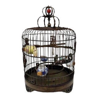 19th C Chinese Bamboo Birdcage Fully Ornamented, Hand Carved Dragon Perch. For Sale