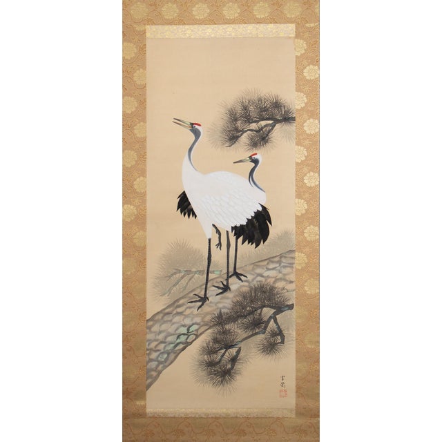 Stunning extra large antique or vintage Japanese watercolor scroll painting depicting Two Red-Crowned Cranes on the Pine...