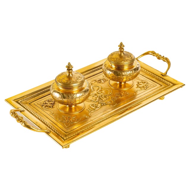 19th Century Double Inkwell in Gilded Bronze For Sale