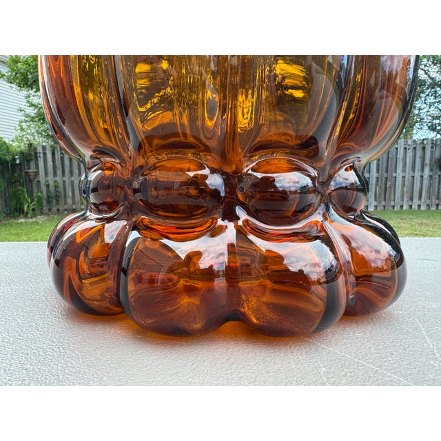 1960s 1960s Mid 20th Century Hand-Blown Amber Art Glass Pumpkin Melon Ribbed Lamp Shade 4" Fitter For Sale - Image 5 of 10