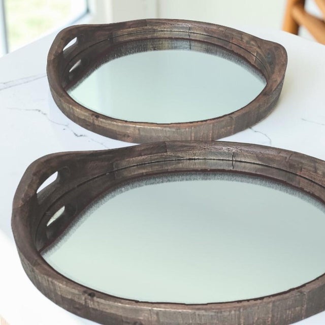 A Pair of Rustic Hand Hewn Farmhouse Wooden Serving Tray Style Wall Mirrors For Sale - Image 4 of 14