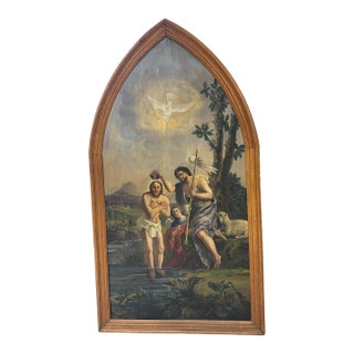 Auguste Kunzek Antique Religious Oil Painting of the Baptism of Christ For Sale