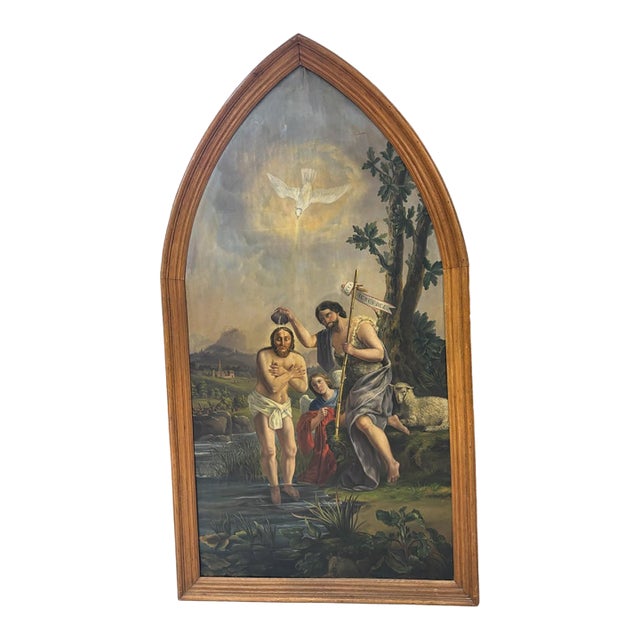 Auguste Kunzek Antique Religious Oil Painting of the Baptism of Christ For Sale