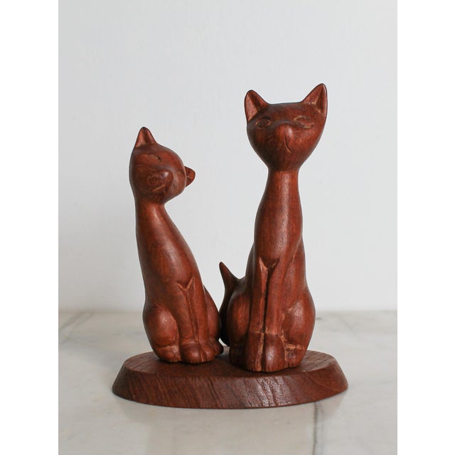 Mid-Century Modern Vintage Hand-Carved Wooden Siamese Cat Figurine on Wood Base For Sale - Image 3 of 12
