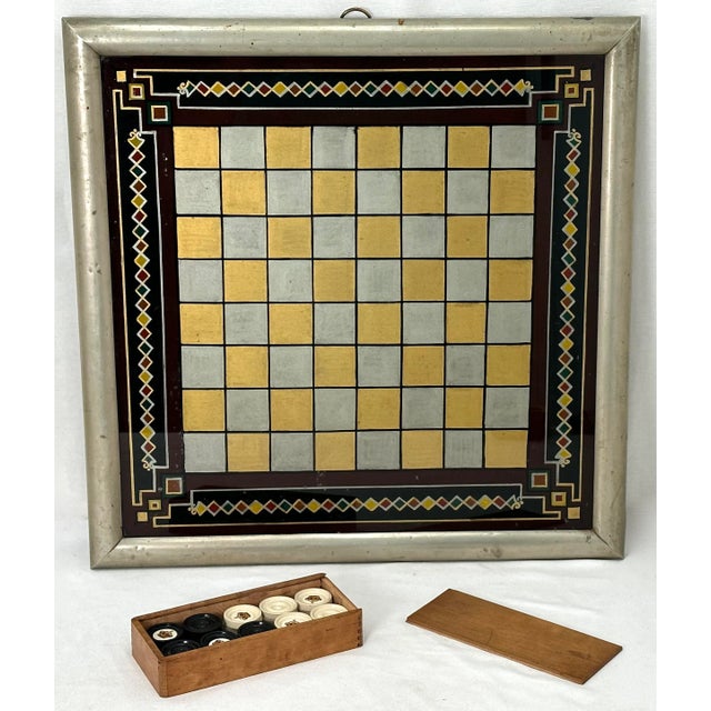Antique American Victorian Nickel Plated Brass & Reverse Painted Glass Firehouse Checkerboard Game Set For Sale - Image 13 of 13