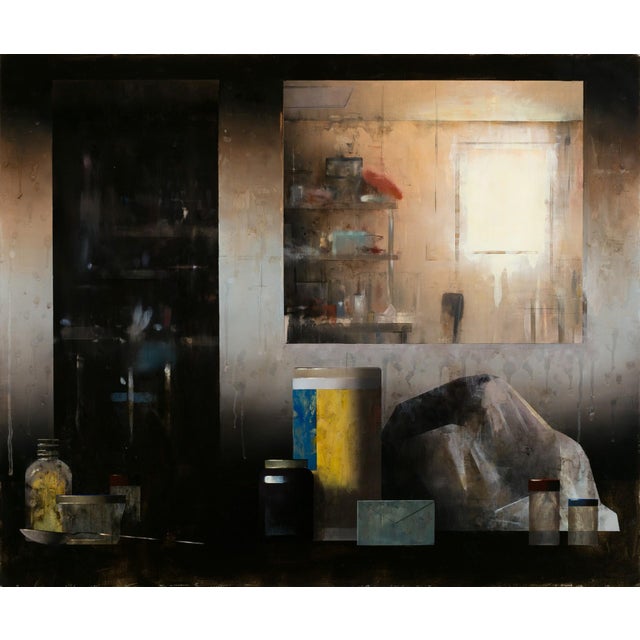 Views from Fall by Matthew Saba | Oil on panel Still life with jars and a rock in a dim interior. For Sale