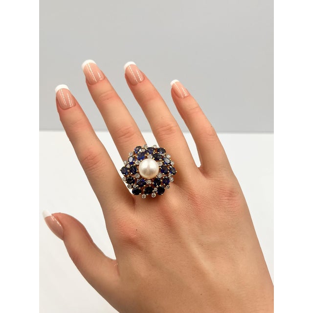 Gemstone Diamond Pearl and Sapphire Cluster Ring, Size 7.5 For Sale - Image 7 of 7