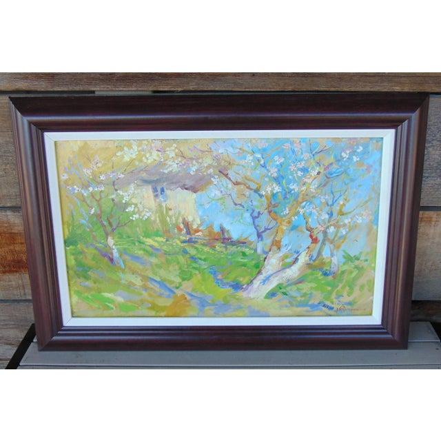 Paint Original Oil Painting "Babusya's Orchard" by Ukrainian Artist Yuri Suprunchuk Framed 24Wx17H For Sale - Image 7 of 9