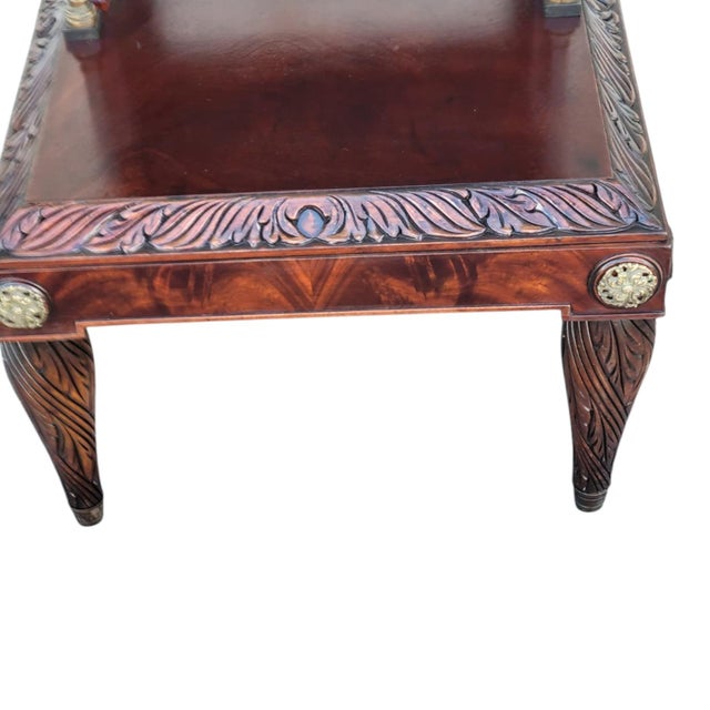 1920s Mahogany Leather Top Sofa End Table Brass Column Lion Pull Carved For Sale - Image 16 of 16