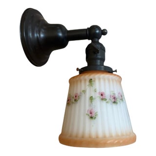Vintage Hand Painted Fluted Cast Glass Wall Sconce With Flowers and Vines For Sale