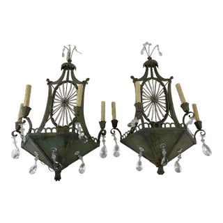 Mid 20th Century Hollywood Regency Large Italian Tole and Crystal Sconces - A Pair For Sale