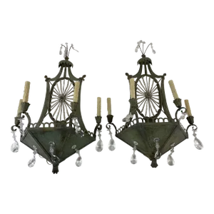 Mid 20th Century Large Italian Tole and Crystal Sconces - a Pair