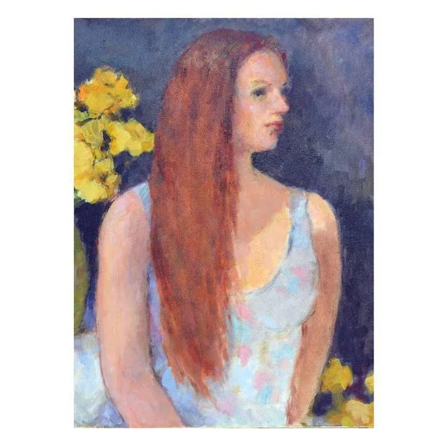 A lovely portrait of a woman in a floral dress by Patricia Emrich Gillfillan (American, 1924-2016). Patricia was born in...