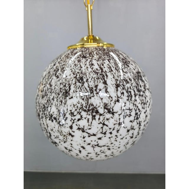 Brass and Marble Glass Globe Pendant Light, Czechoslovakia, 1970s For Sale - Image 3 of 9