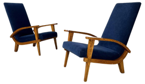 Set of Italian Mid-Century Modern Wood and Blue Fabric Lounge Chairs, 1950s