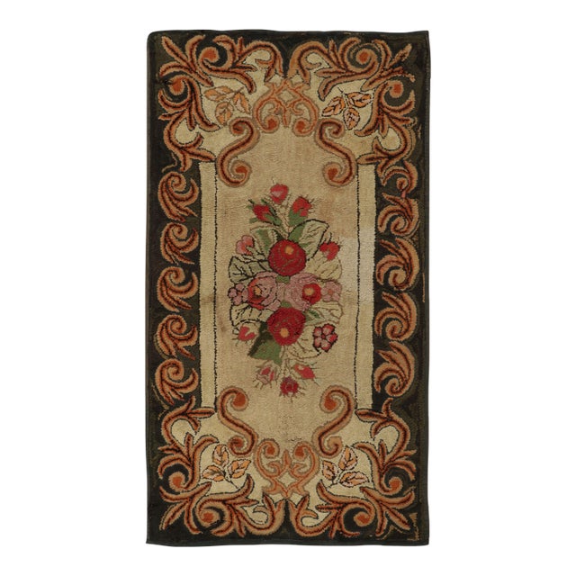 Antique Hooked Rug With Floral Bouquet Medallion in Beige & Black - Rug & Kilim For Sale