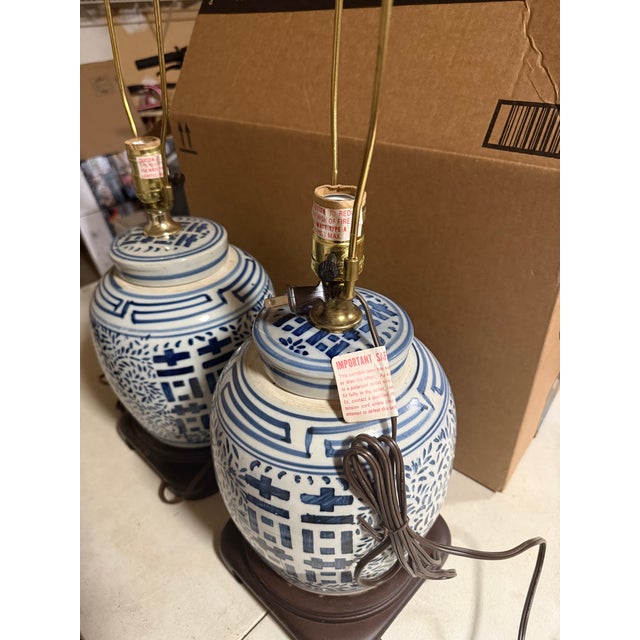 Matched Pair of Vintage Chinese Blue & White Porcelain "Double Happiness" Ginger Jar Table Lamps For your consideration is...