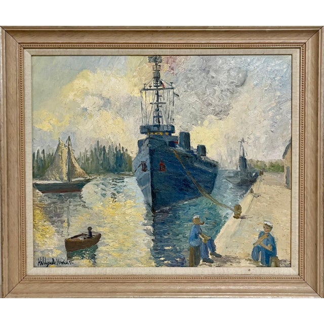 Hildegarde Hamilton (Florida, Virginia 1898-1970) Oil on canvas painting of a docked navy ship with sailors on shore. Hand...