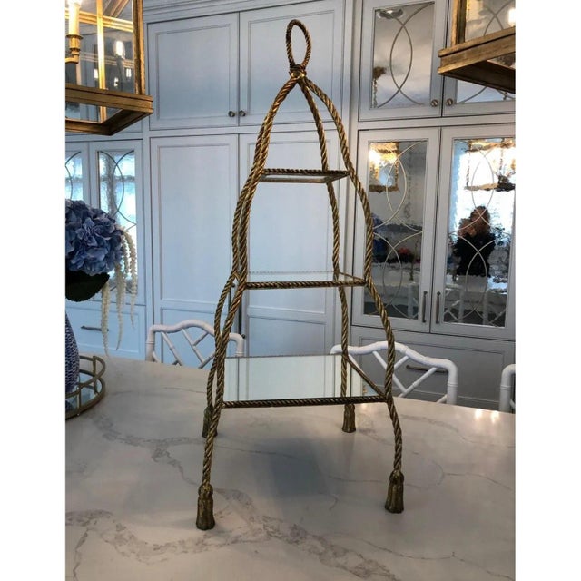 Gold 1950s Italian Hollywood Regency Iron Rope Tassel 3-Tier Etagere Stand For Sale - Image 8 of 9