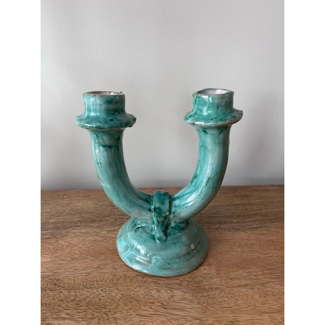 VIETRI 1940s C.A.S.Vietri Double Candle Holder in Turquoise Glaze-Made in Italy For Sale - Image 4 of 6