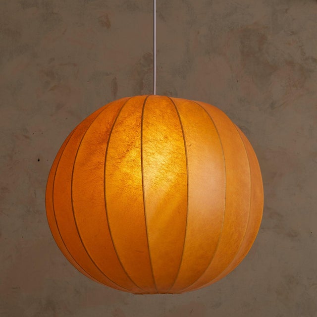 Mid-Century Modern 1960s Italian Spherical Ochre Cocoon Pendant Light For Sale - Image 3 of 7