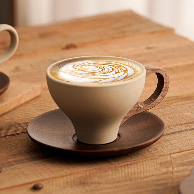 Handcrafted Ceramic & Wood Coffee Cup Set With Saucer For Sale - Image 4 of 4