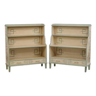 Pair Artist Signed Chinoiserie Style 2 Drawer Open Bookcases For Sale