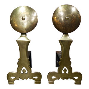 Early to Mid 18th Century Brass Fire Dogs Andirons With Disc Finial a Pair