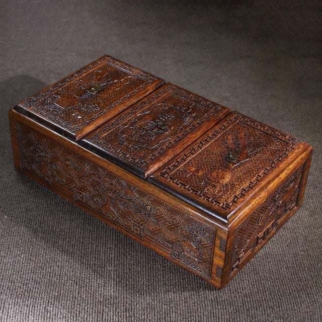 Mid 20th Century Vintage Chinese Huali Rosewood Carved "Antiques" Triple-Lidded Box Set For Sale - Image 5 of 10
