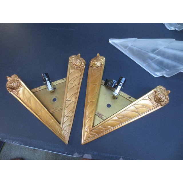 Gold Deguge Art Deco Frosted Glass Sconces Gilt Bronze Mounts Circa 1930s For Sale - Image 8 of 8
