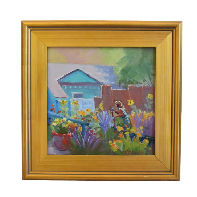 American Listed Artist Silvio Silvestri Garden Flower Landscape Painting W/ Antiqued Gold Wood Frame For Sale - Image 3 of 7