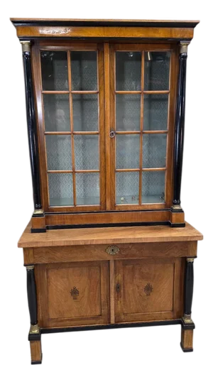 Antique Biedermeier Style Walnut Bookcase Vitrine