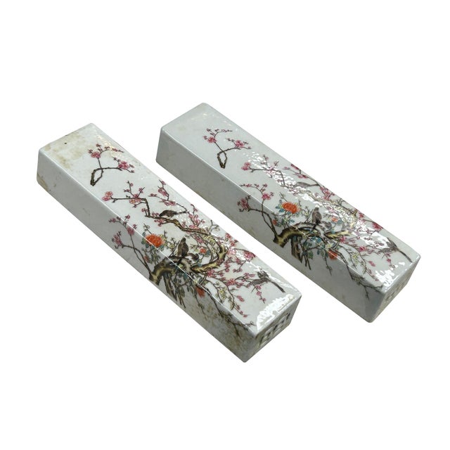 1980s Pair White Porcelain Flower Birds Scenery Rectangular Display Paperweight For Sale - Image 5 of 13