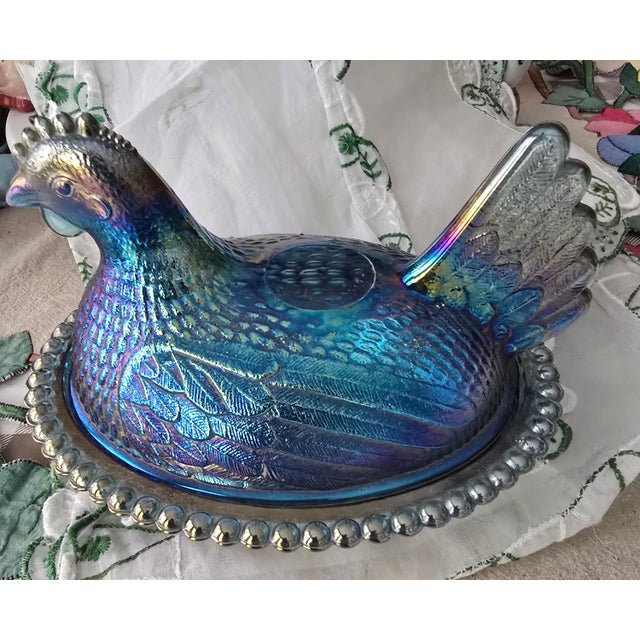mint condition 1970s Indiana iridescent Blue Carnival Glass Hen on Nest Covered Candy Dish beaded edge base
