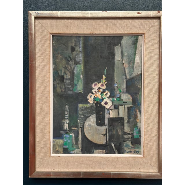 Edvin Ollers, White Blossom in Black Vase, 1959, Oil on Canvas, Framed For Sale - Image 17 of 18