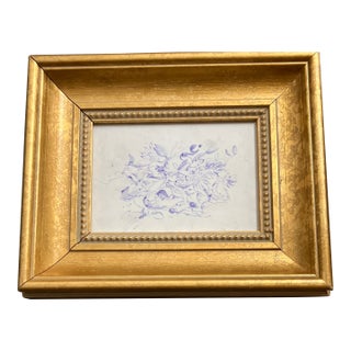 1970’s Original Blue Ink Abstract Drawing Chunky Gold Frame For Sale