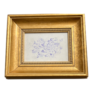 1970’s Original Blue Ink Abstract Drawing Chunky Gold Frame