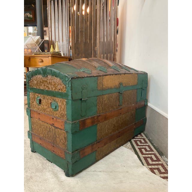 Green Large Antique Victorian Oak Banded Dome Top Steamer Trunk Chest, Maier For Sale - Image 8 of 16