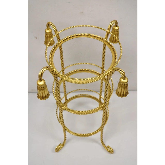 Vintage Italian Hollywood Regency 3 Tier Gold Iron Rope Tassel Stand Side Table For Sale - Image 4 of 9