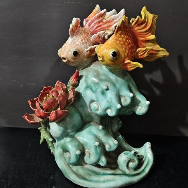 Vintage Shiwan Kiln Glazed Double Fish & Lotus Sculpture / "Abundance" Statue For Sale In New York - Image 6 of 7