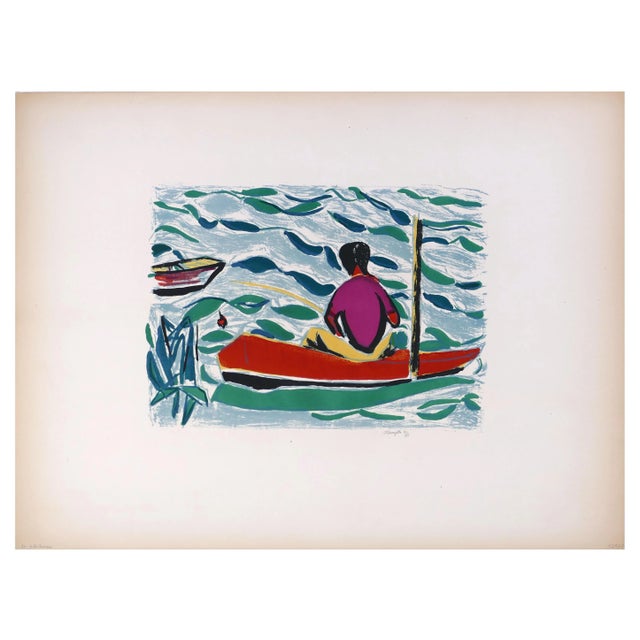 Image dimensions: 25.8 x 35.5 cm. Le pêcheur is a beautiful color lithograph on paper realized by the French artist Jean...