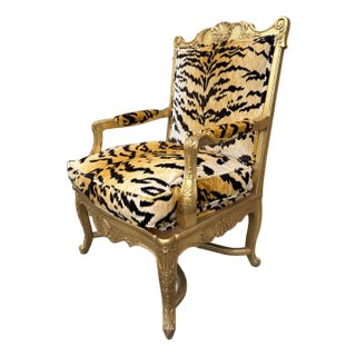 Antique French Regency Giltwood Fauteuil in Scalamandré “Le Tigre” Silk Velvet For Sale