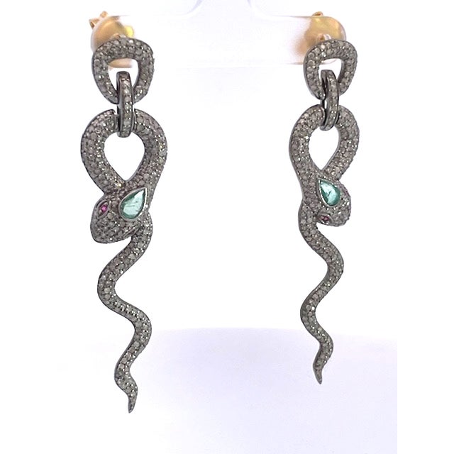 Metal Silver Snake Long Earrings Green Stone Eyes, A Pair For Sale - Image 7 of 9
