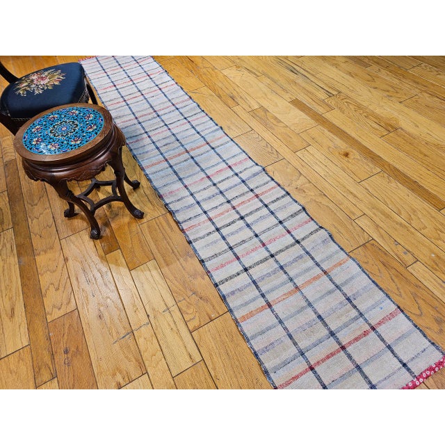 Vintage American Rag Runner, Handwoven Wool & Cotton, Indigo Stripe Pattern, 2x11 For Sale - Image 10 of 10