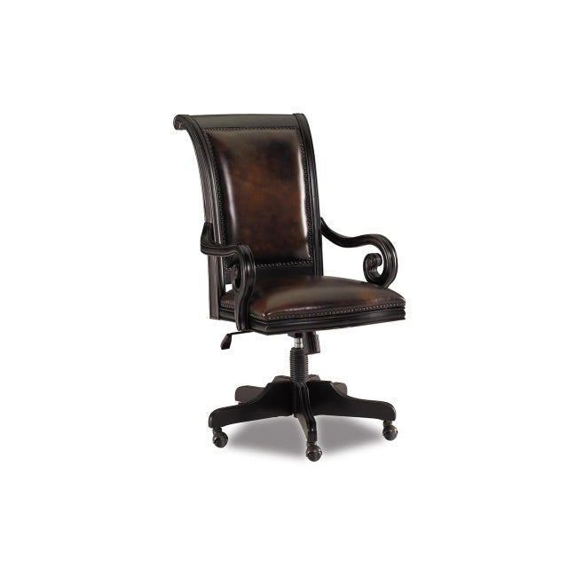 Sleighback executive chair with dark umbria finished frame, brass nail trim, glazed and brushed dark brown leather, and...