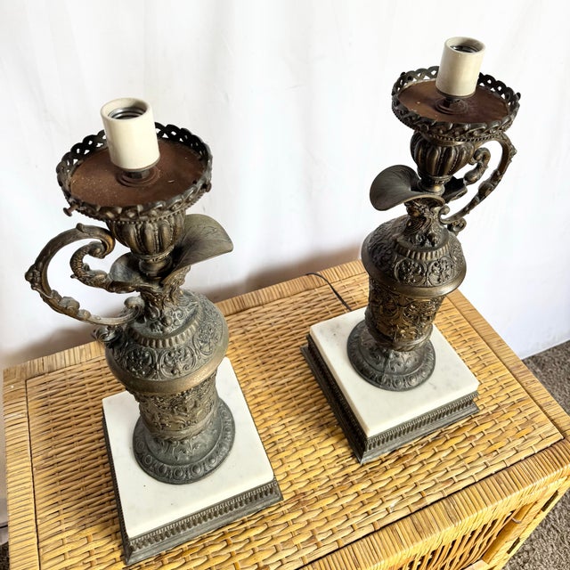 Early 20th Century Antique French Bronze Ewer Converted Oil Lamps With Crystal Tops - A Pair For Sale - Image 5 of 11