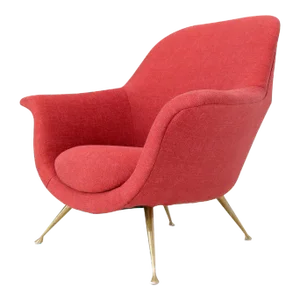 Italian Mid-Century Modern New Red Upholstery Lounge Chair on Solid Brass Legs
