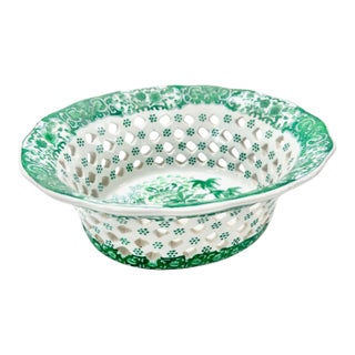 Vintage Green Chinoiserie Reticulated Porcelain Centerpiece Bowl / Pierced Decorative Bowl For Sale